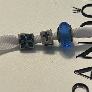 PANDORA “Enamel Flower”/“Bible Cross”/“Fascinating Blue Murano Glass” (3) Charms